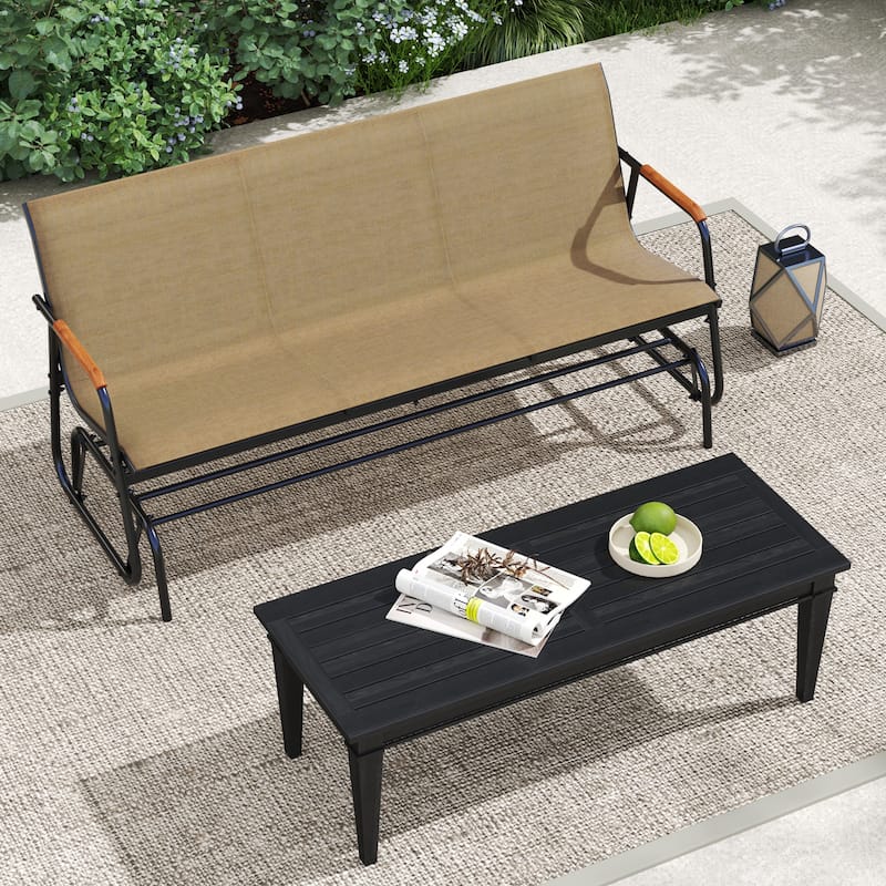 Black Brown Metal Teak 3-Person Glider Bench with Fabric Seat and Armrests - 29" L x 66.5" W x 33" H