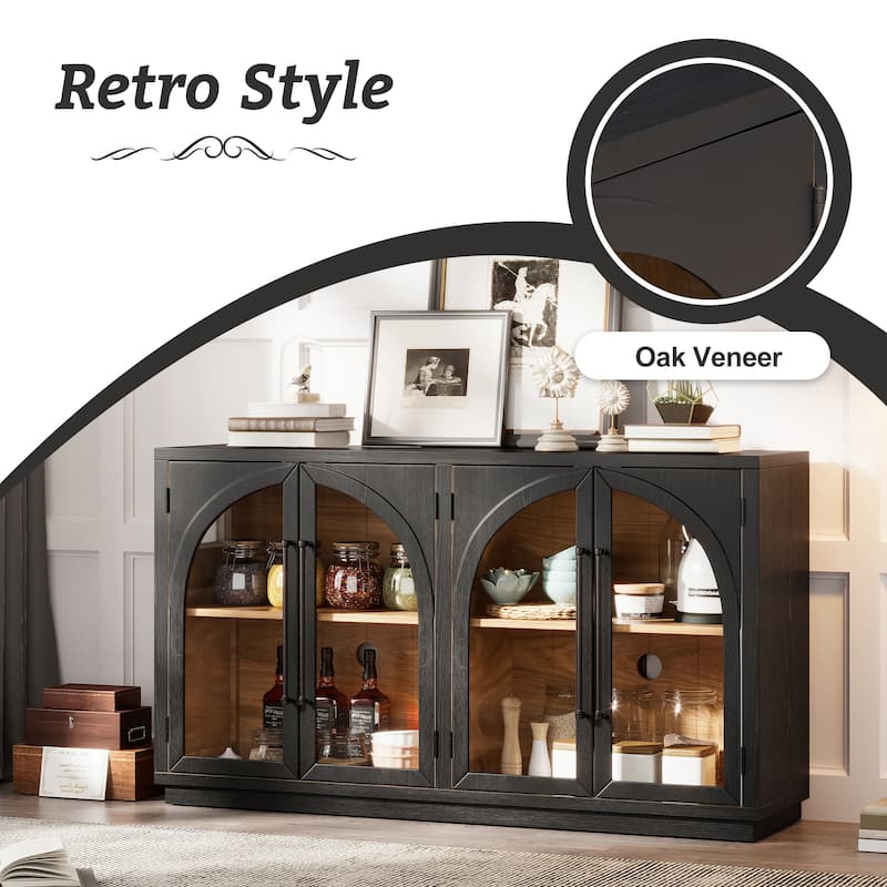 Four-Door Arched Buffet Sideboard with Glass Fronts and Adjustable Shelving, Ideal for Kitchen, Dining, or Living Room Storage.