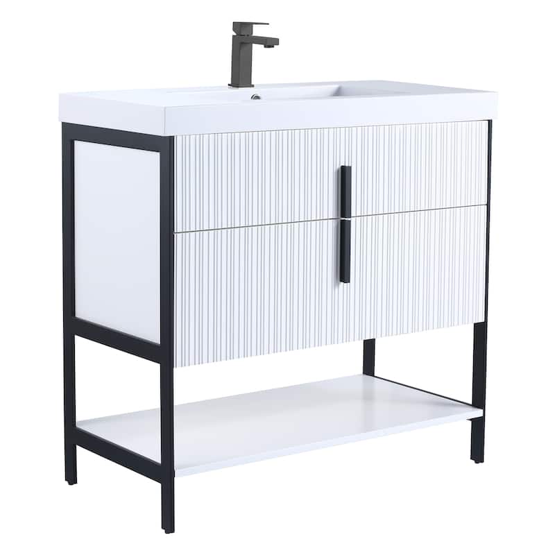 Fine Fixtures Serenity Modern Bathroom Vanity with White Gel Acrylic Top - White Matte - Black Hardware - 36 inch