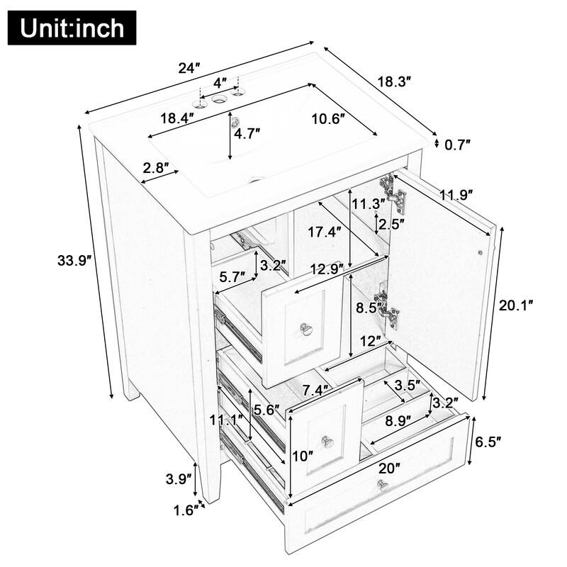 24-Inch Bathroom Vanity with Storage, Adjustable Shelf, MDF & Rubberwood, Removable Dividers, Glossy White Finish