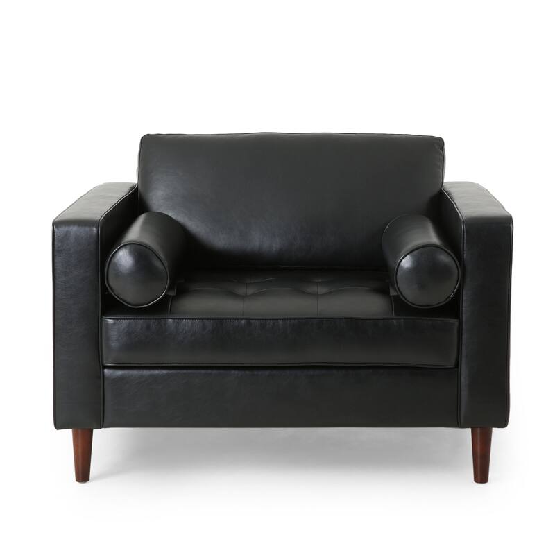 Roomfitters Faux Leather Armchair with Tufted Seat, Round Bolster Pillows and Wooden Legs for Living Room, Black