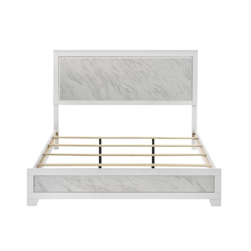 Furniture of America Loris Modern White Panel Bed with Faux Marble Headboard