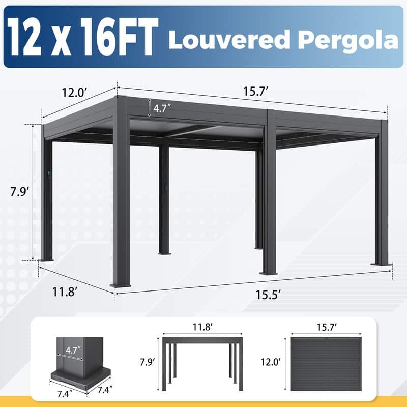 EROMMY Outdoor Louvered Pergola Gazebo with Adjustable Aluminum Rainproof Roof and Pull-Down Screen
