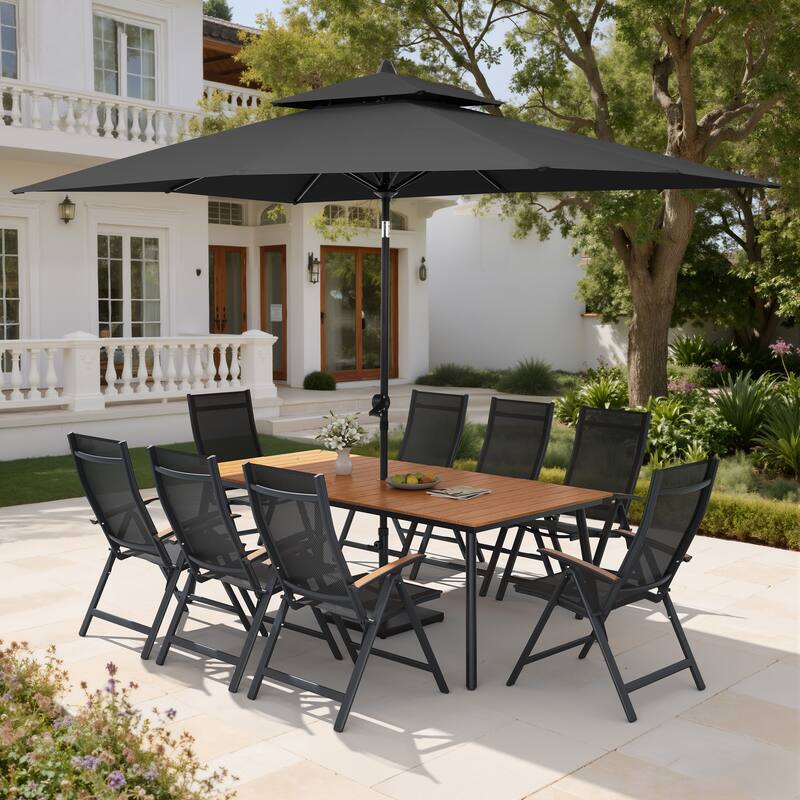 11PC Outdoor Patio Dining Set Aluminum Table with Folding Armchairs w/ Market Umbrella Sets - BrownTable&BlackChairs&BlackUmbrella