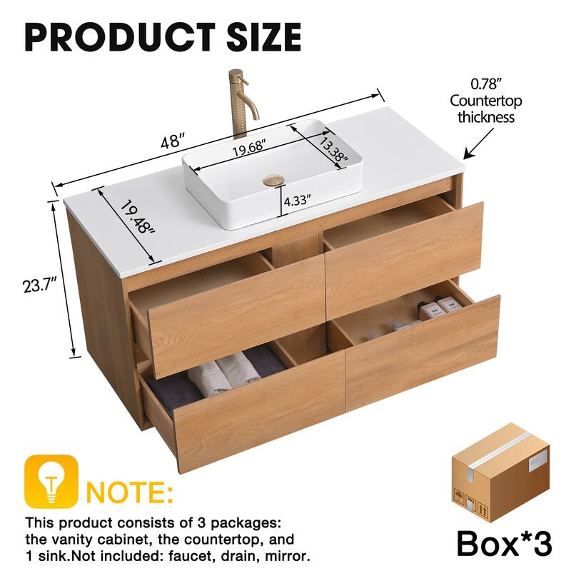 Sylphar 48 inch Toffee Oak Floating Bathroom Vanity with White Quartz Top