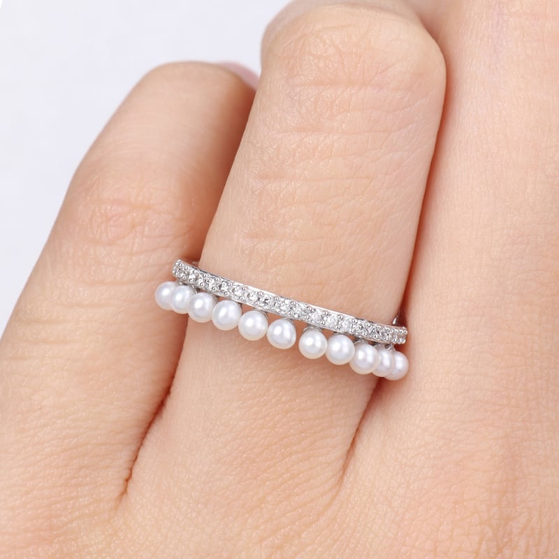 Miadora White Cultured Freshwater Pearl and 1/6ct TDW Diamond Eternity Ring in 14k White Gold