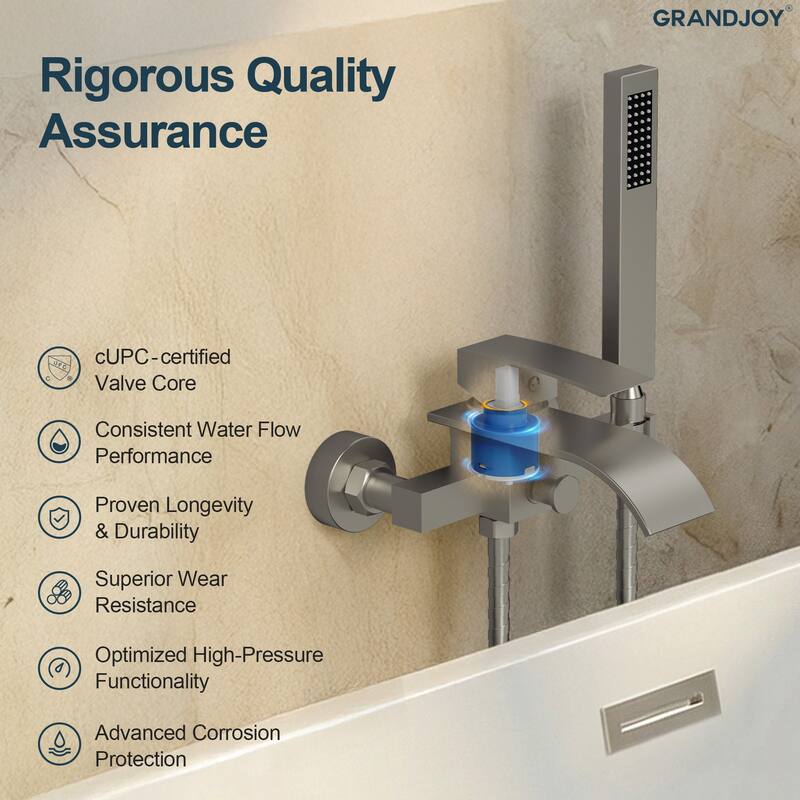 GRANDJOY Wall-mount Waterfall Bathtub Faucet with Handheld Shower