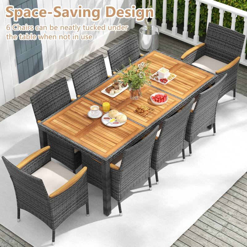 Costway 9 PCS Outdoor Wicker Dining Set with Acacia Wood Table and 8 - See Details