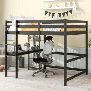 Wood Loft Bed with Desk & Safety Guardrails
