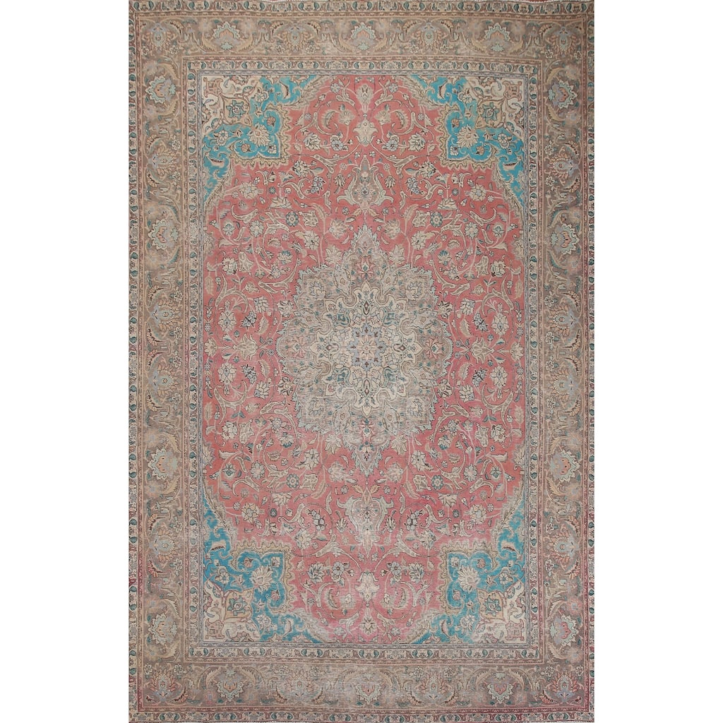 Hand Knotted Oriental 100% Wool Carpet Traditional Floral Pink Mashad Area Rug - 12' 9'' X 9' 4''