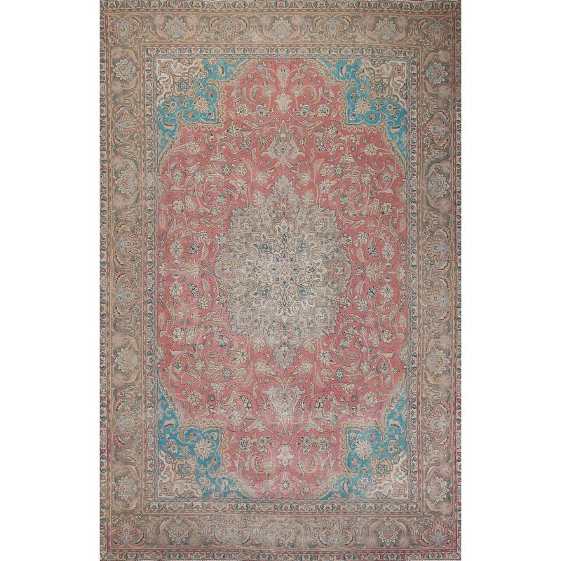 Hand Knotted Oriental 100% Wool Carpet Traditional Floral Pink Mashad Area Rug - 12' 9'' X 9' 4''