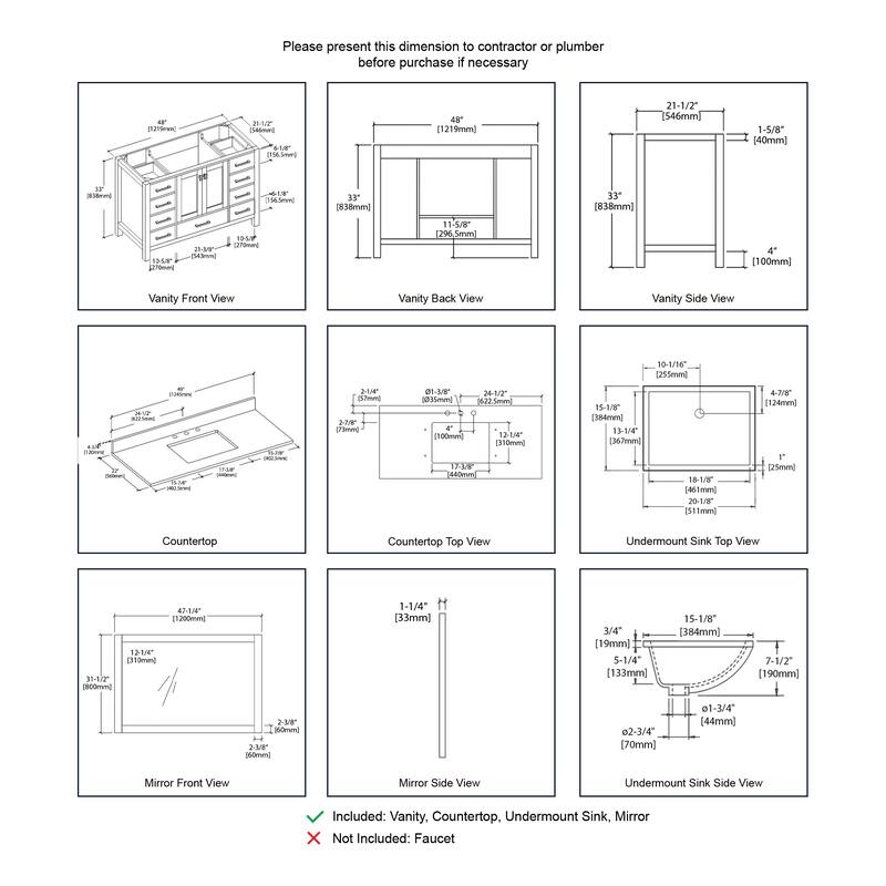 Blossom Geneva 48 Inch Bathroom Vanity with Marble Top, Sink & Mirror