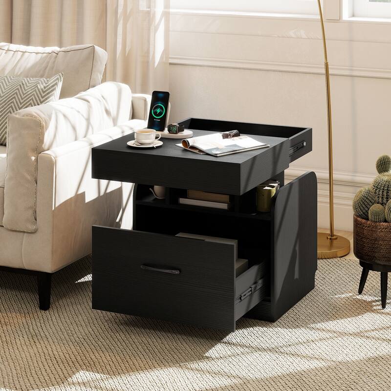 Gymax 2PCS Nightstand w/Charging Station Drawer Sliding Top Storage