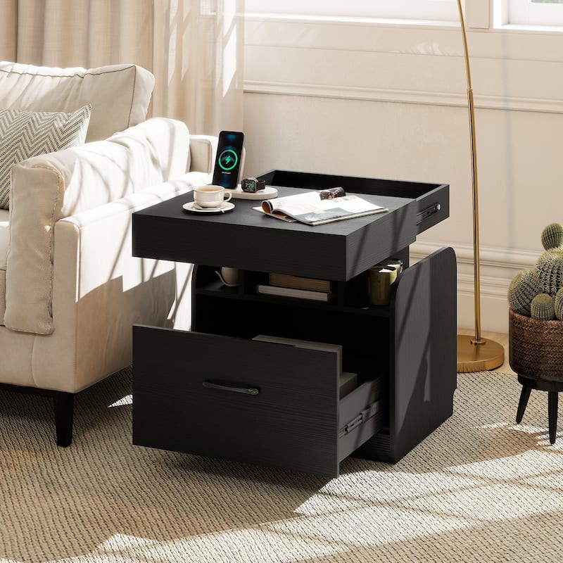 Gymax Nightstand w/ Charging Station Drawer & Sliding Top Storage Tray