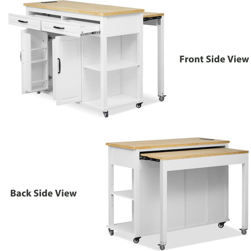Kitchen Island with 2 Drawers and 2 Cabinet, Extendable Storage Table with Internal Storage Rack, Power Outlet for Living Room