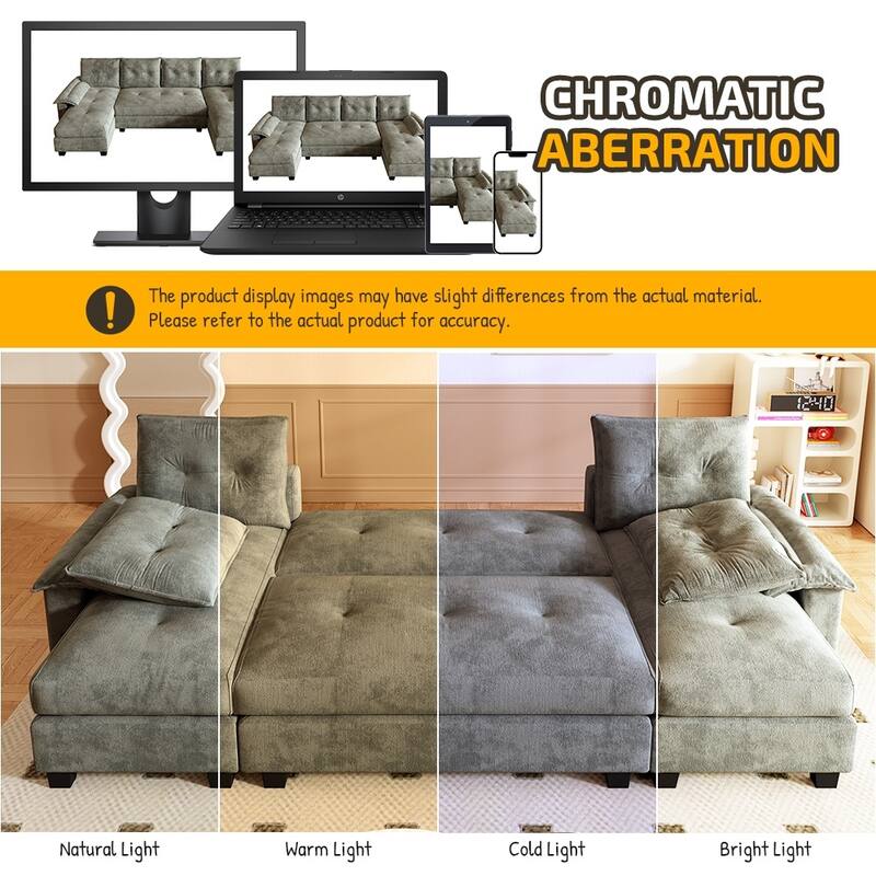 104.7" U-Shaped Sleeper Sofa, Convertible Sectional Couch with Pull-Out Bed, Removable Armrests, USB Ports & Chaise Lounge
