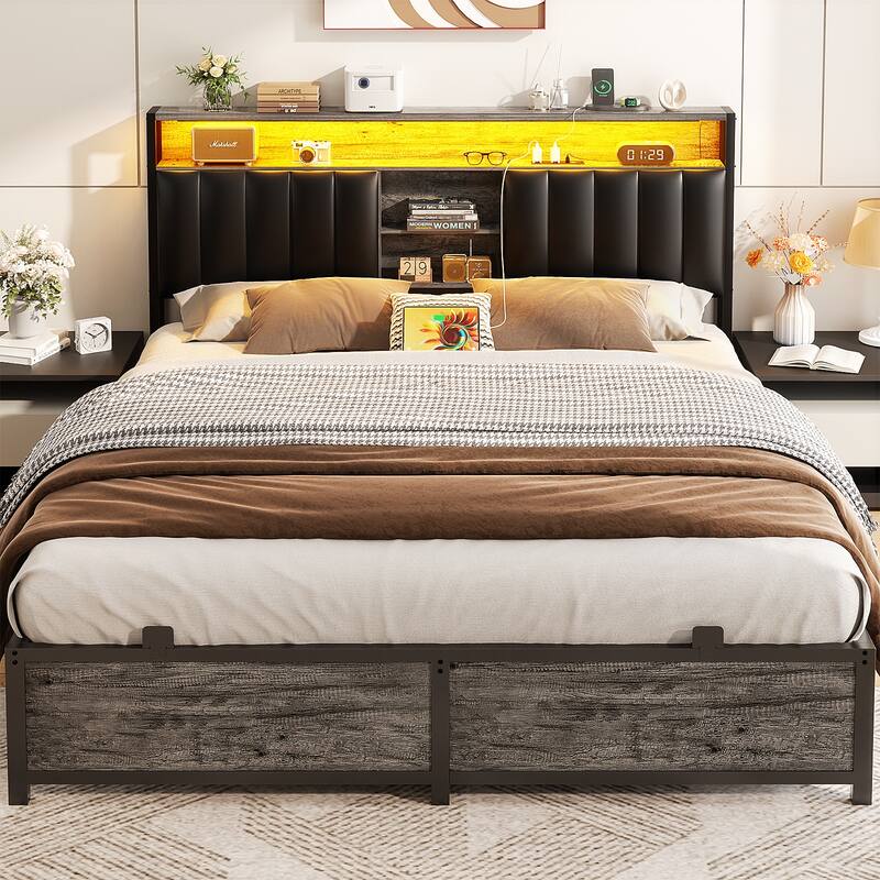 Upholstered Bed Frame with Storage Shelving, Platform Beds with Charge Station and LED Lights - Grey Oak - Queen