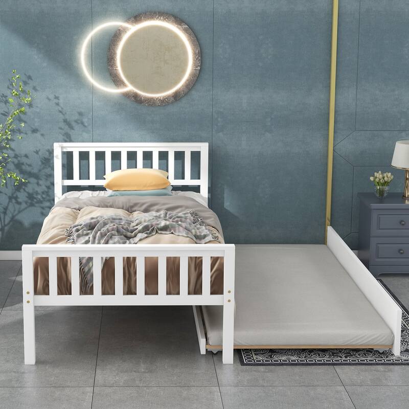 Twin Platform Bed Frame with Trundle - White