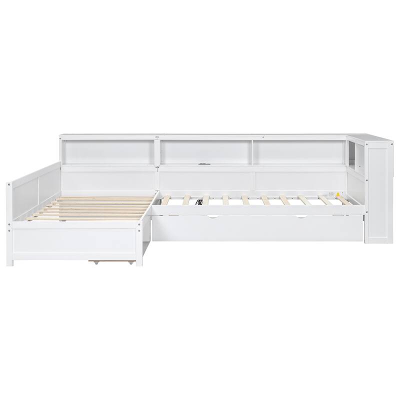 Twin Size L-shaped Platform Bed with Trundle, Drawer, and Charging Station, White