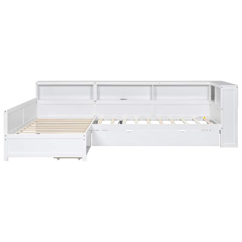 Wood Twin Size L-Shaped Platform Bed with Trundle Drawer Storage