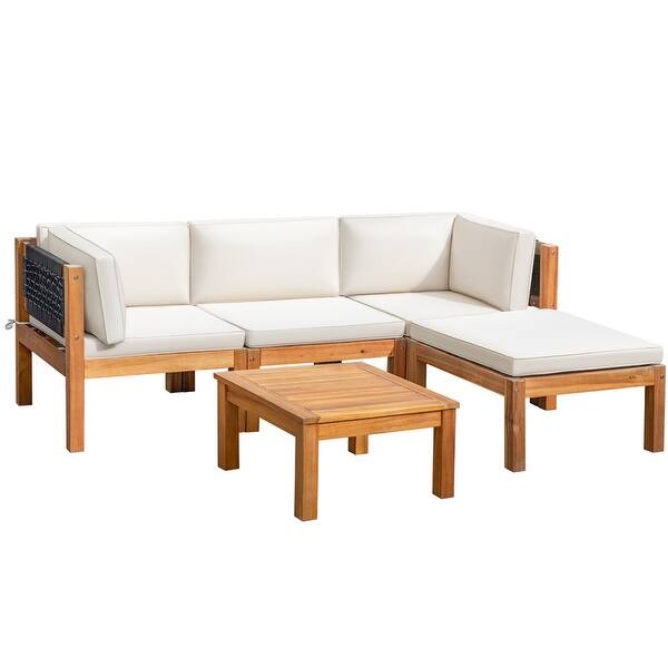 Furniwell Acacia Wood Patio Conversation Set Rope Woven Outdoor Sectional Sofa with Table and Cream Cushions