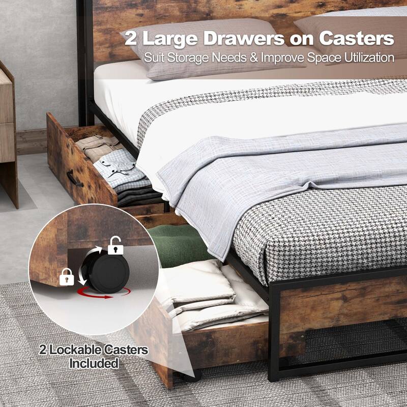 Costway Full/Queen Industrial Platform Bed Frame with Drawer Storage