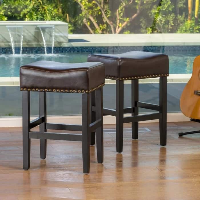 Roomfitters 26-Inch Backless Counter Stools, Set of 2 Wooden Saddle Seat Bar Chairs, Brown