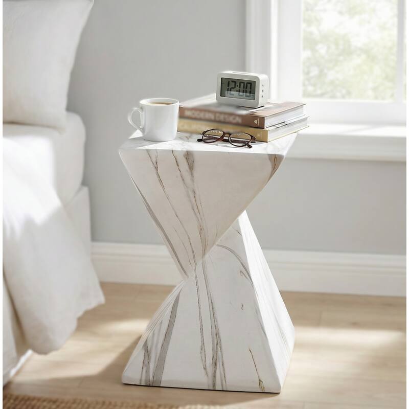 Christopher Knight Home - Modern Indoor/Outdoor 18.5"H Geometric Faux Marble MgO Accent Side Table with Sculptural Fluted Design