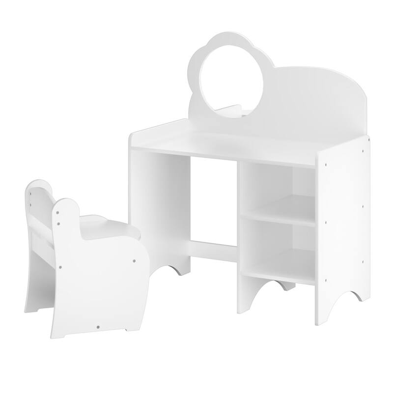 Anmytek Kids Wooden Vanity Table with Mirror and Chair Storage Shelves Multifunctional Study Activity Table
