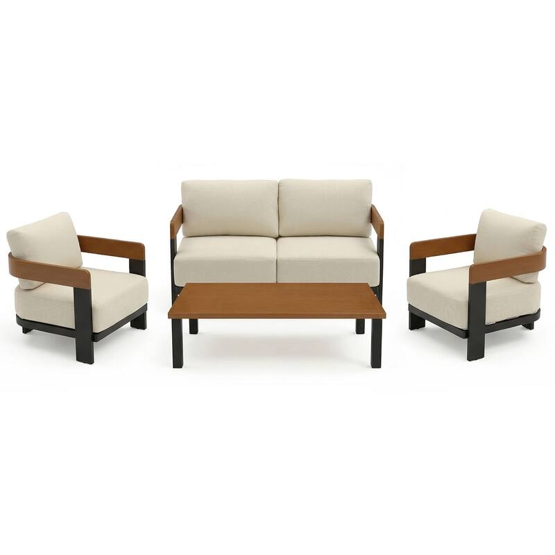 4-Piece Outdoor Patio Sofa Set with Coffee Table Rust-Resistant Steel Frame， Waterproof & UV-Resistant Olefin Cushions