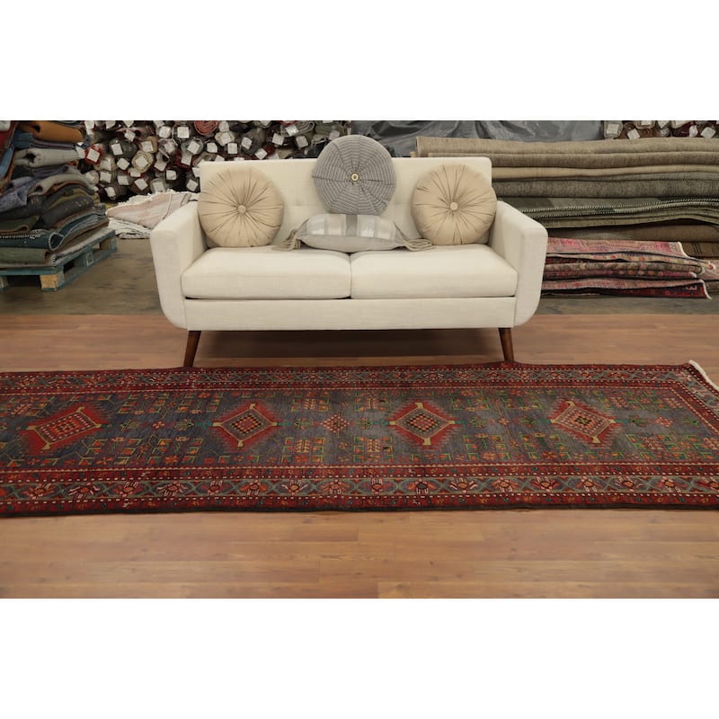 Hand Knotted Oriental 100% Wool Carpet Traditional Geometric Navy Blue & Blues Heriz Runner Rug - 10' 6'' X 3' 8''