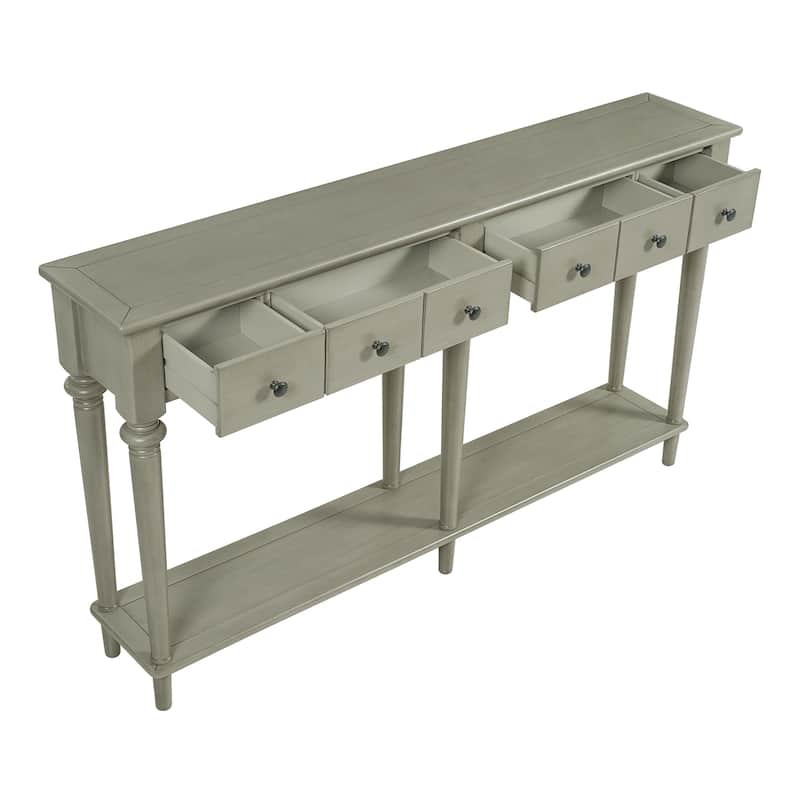 Roomfitters Retro Entryway Console Table with 4 Storage Spaces and Open Shelf for Entry, Living Room, or Hallway