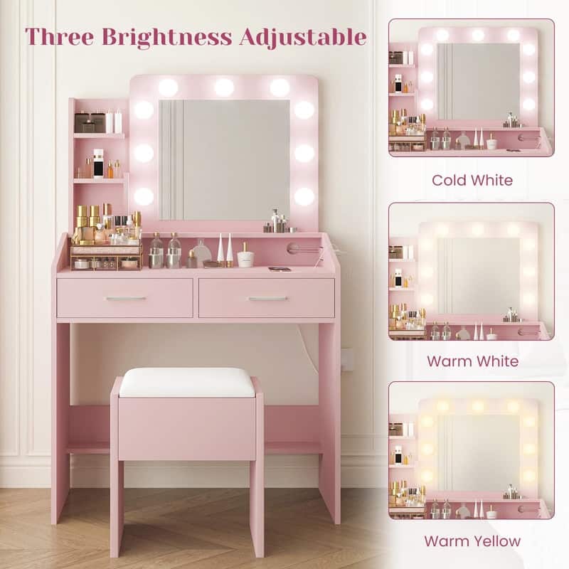 Makeup Vanity Desk with Mirror and Stool, Charging Station, 2 Drawers, 3 Shelves