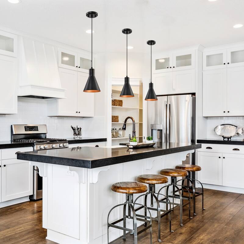 1-Light Matte Black Metal Cone Hanging Kitchen Pendant Light