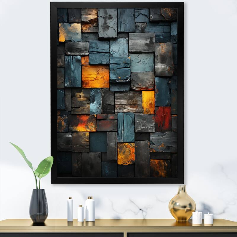 Designart "Grunge Gold Cubes Abstract Geometric VII" Abstract Tile Wall Decor Gold Modern Living Room Framed Canvas Art - 34 in. wide x 44 in. high - Black