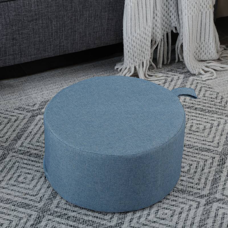 Adeco Linen Round Ottoman Footrest with Handle - Light Blue