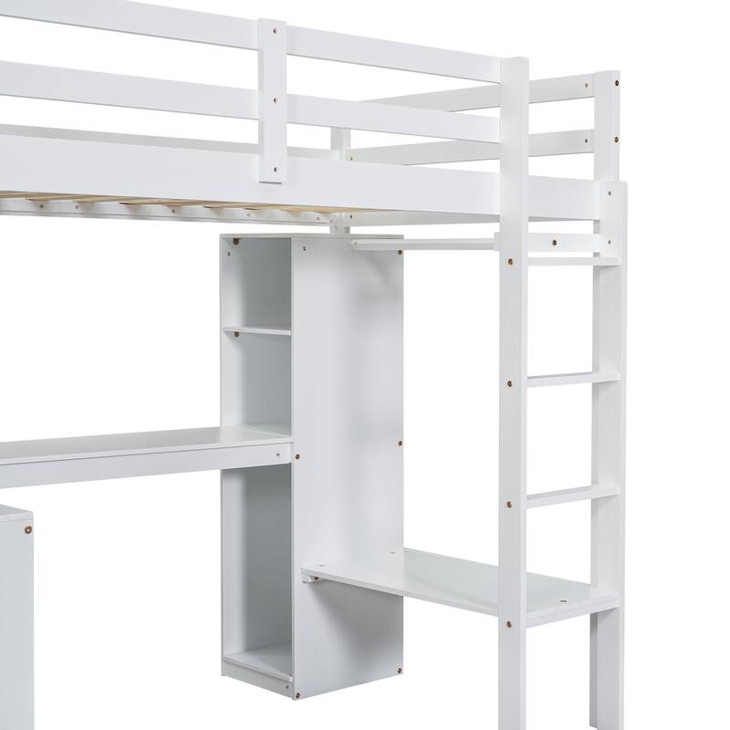 Twin Size Loft Bed with L-Shaped Desk, Wardrobe, Storage Shelves & Full-Length Guardrails, No Box Spring Needed