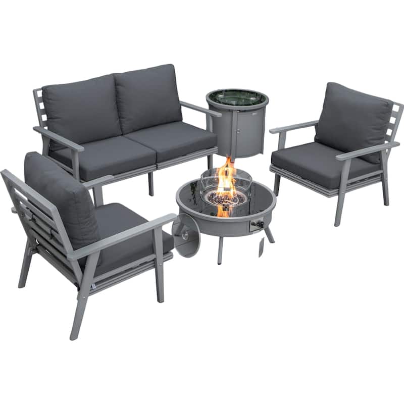 Walbrooke 4-Piece Outdoor Powder-Coated Frame Patio Furniture Set with Fire Pit Table, Tank Holder and Polyester Cushions - Charcoal