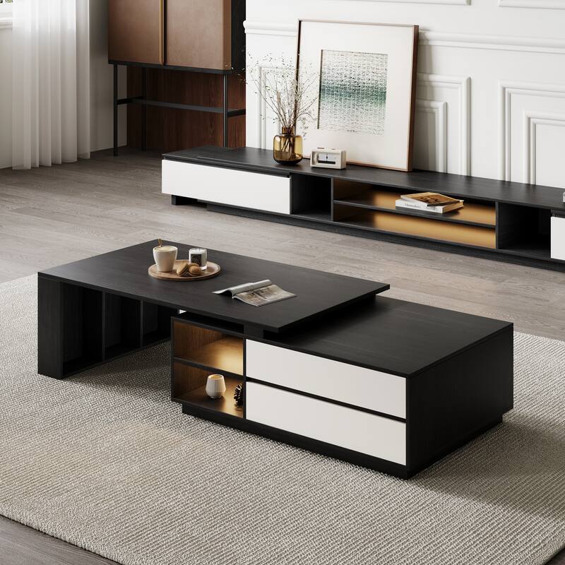Extendable Coffee Table with LED Lights & 2 Drawers - 43.3" to 70.86" - Black&White