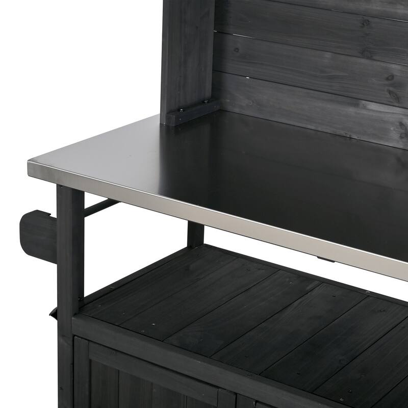 65" Outdoor Potting Bench with Stainless Steel Top, Rolling Garden Workstation with Hutch & Storage