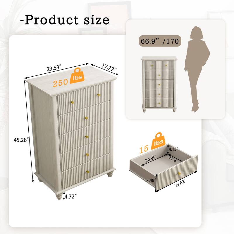 Fluted 5 Drawer Dresser, 45 Inch Tall Modern Chest Of Drawers, Bedroom Dresser With Metal Handle, Wooden Drawer Organizer