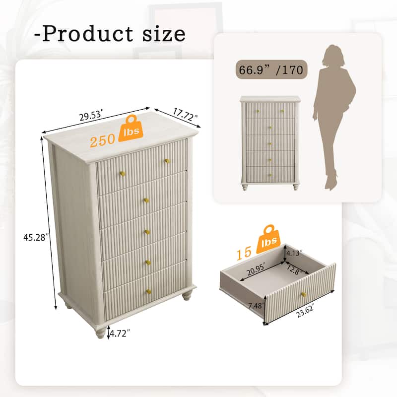 Fluted 5 Drawer Dresser, 45 Inch Tall Modern Chest of Drawers, Bedroom Dresser with Metal Handle, Wooden Drawer Organizer