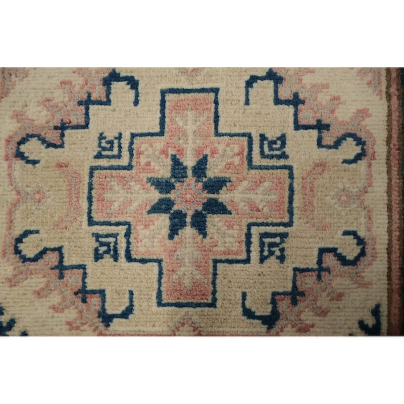 Hand Knotted Oriental 100% Wool Carpet Traditional Geometric Beige & Ivories Kazak Runner Rug - 16' 4'' X 2' 11''
