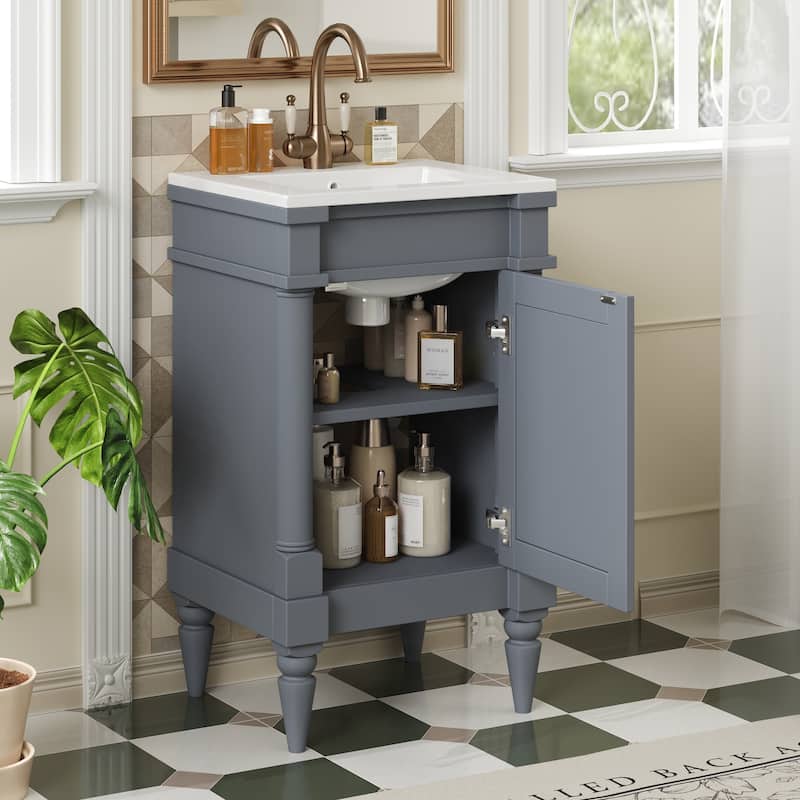 Roomfitters 18 Inch Bathroom Vanity with Sink, Freestanding Small Space Vanity Cabinet with Ceramic Basin and Adjustable Shelf - Grey