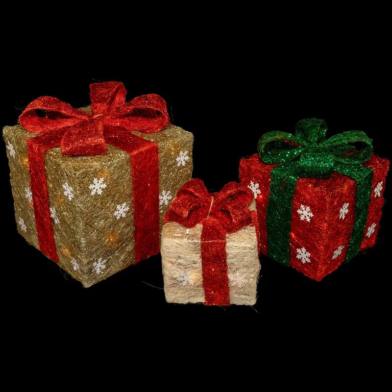 3 Lighted Red Cream Gift Boxes Christmas Outdoor Decorations 10" - Gold