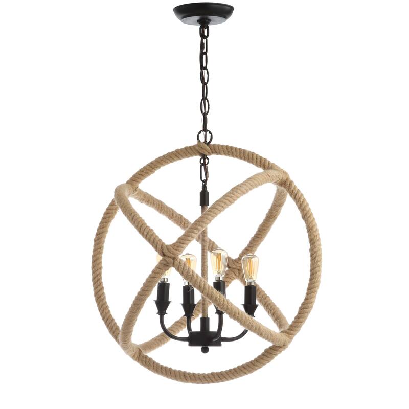 Isabelle 4-Light 20" Adjustable Globe Metal/Rope LED Pendant, Black/Brown by JONATHAN Y