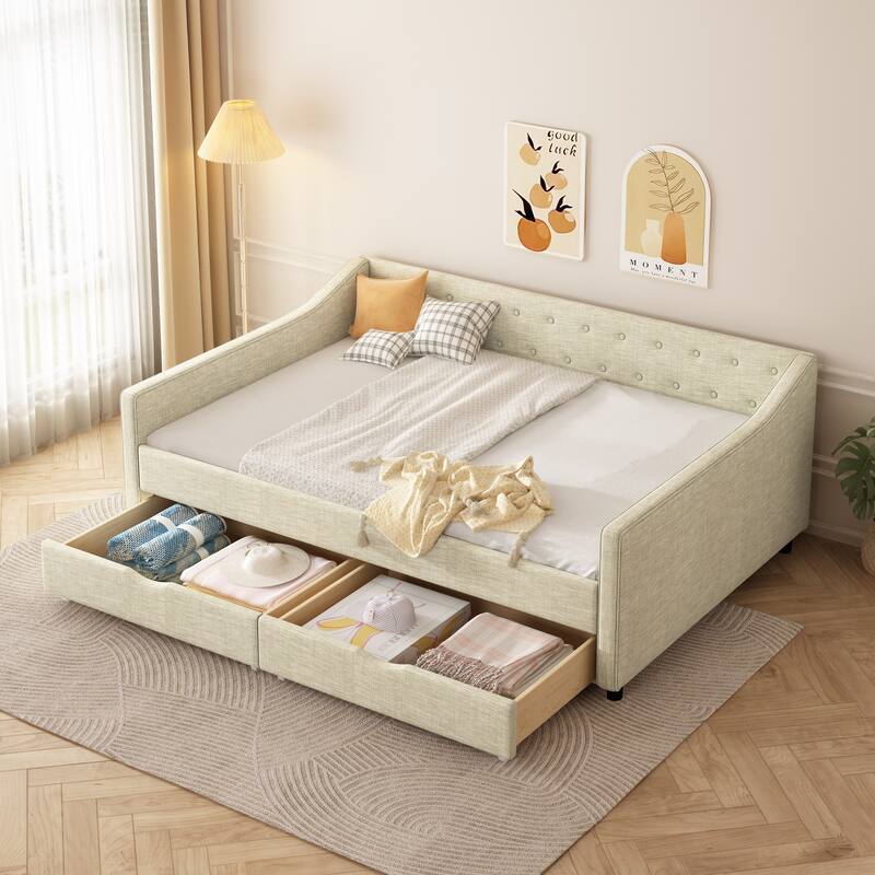 Upholstered Tufted Daybed with Button on Back and Piping on Waved Shape Arms