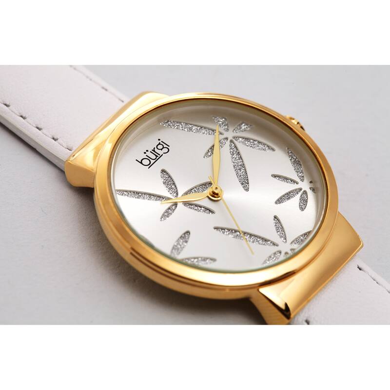 Burgi Ladies Sparkling Floral White Leather Strap Watch