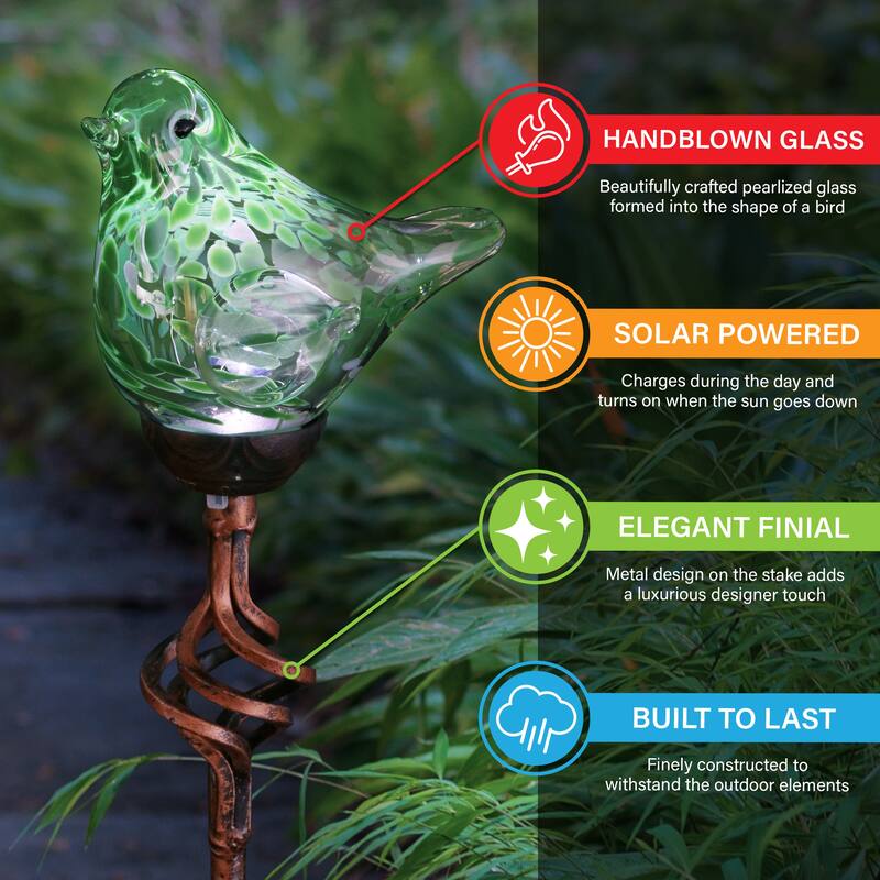 Exhart Solar Pearlized Hand Blown Glass Bird Garden Stake, 6 by 31 Inches