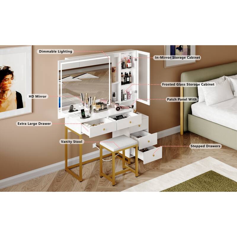 Vanity Set with Lighted Mirror and Charging Station, Extra Large Mirror Makeup Vanity Table,white
